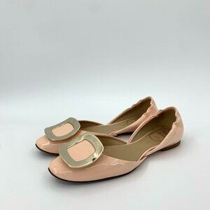 Roger Vivier Womens Size 36.5 Apricot Pink Patent Leather Square Buckle Ballet F